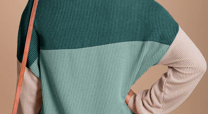 Green Color Block Long Sleeve Ribbed Loose Top