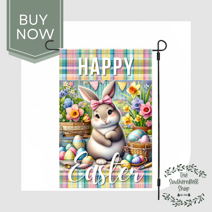 HAPPY Easter Garden Flag - Bunny, Plaid & Spring Flowers Outdoor Décor