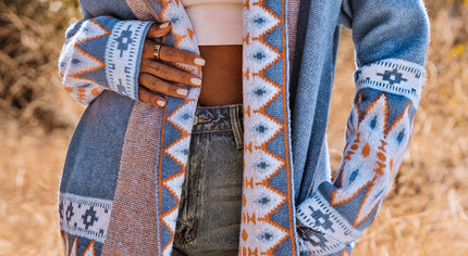 Blue Aztec Print Open Front Knitted Cardigan