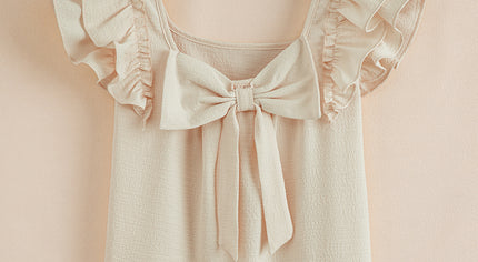 Beige Textured Bow Knot Frilled Butterfly Sleeve Blouse