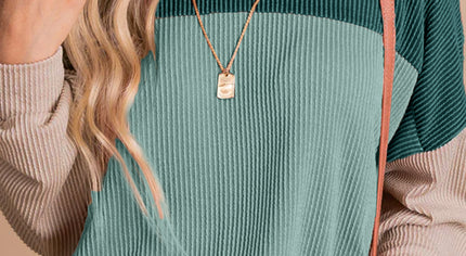 Green Color Block Long Sleeve Ribbed Loose Top