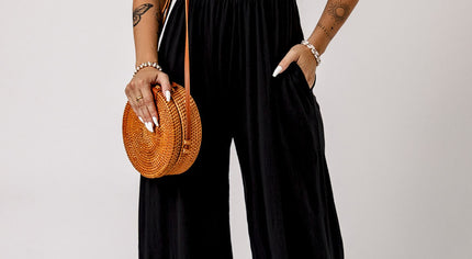Black Smocked Sleeveless Wide Leg Jumpsuit with Pockets