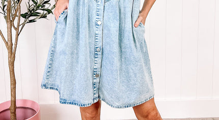 Beau Blue Mineral Wash Ruffled Short Sleeve Buttoned Denim Dress