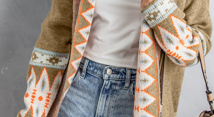 Khaki Aztec Print Open Front Knitted Cardigan
