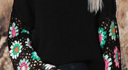 Black Floral Crochet Bell Sleeve Loose Sweater