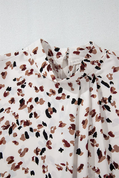 White Leopard Print Puff Sleeve Mock Neck Pleated Blouse
