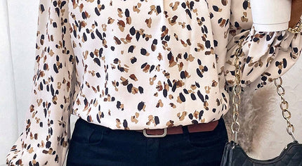 White Leopard Print Puff Sleeve Mock Neck Pleated Blouse