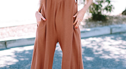 Gold Flame Textured Buttoned Straps Ruched Wide Leg Jumpsuit