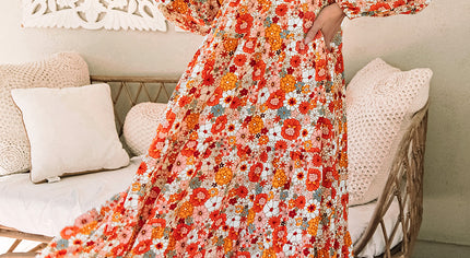 Multicolor Boho Floral Collared Long Sleeve Ruffled Dress