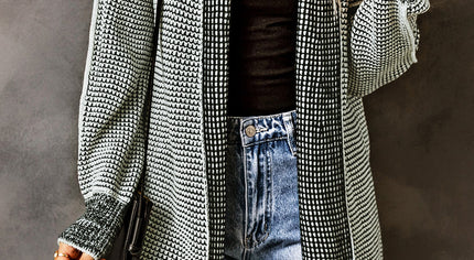 Gray Plaid Knitted Long Open Front Cardigan