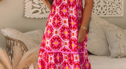 Strawberry Pink Geo Print V-neck Maxi Dress