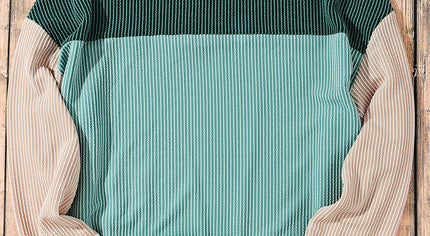 Green Color Block Long Sleeve Ribbed Loose Top