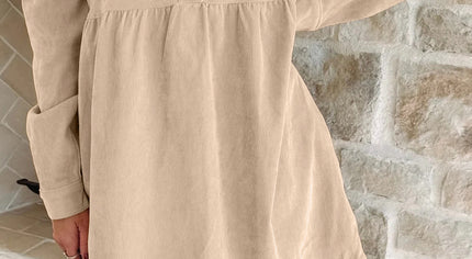 Oatmeal Corduroy Half Button Collared Long Sleeve Mini Dress